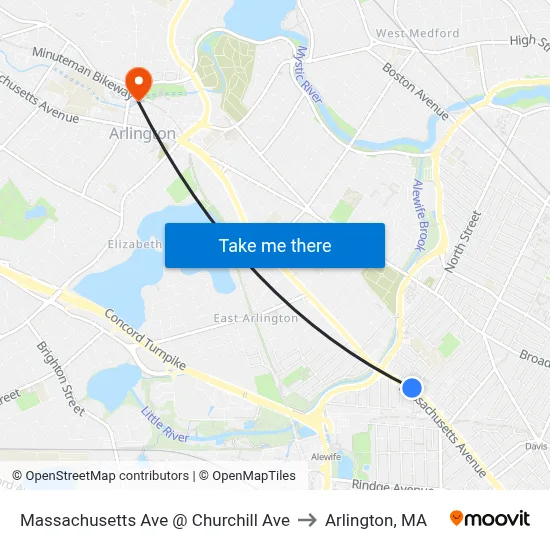 Massachusetts Ave @ Churchill Ave to Arlington, MA map