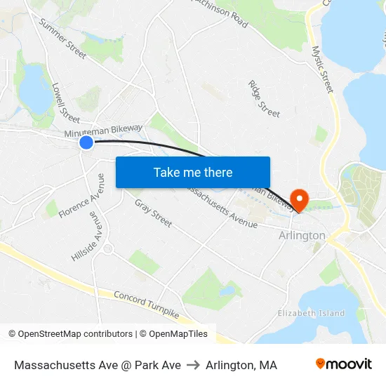 Massachusetts Ave @ Park Ave to Arlington, MA map