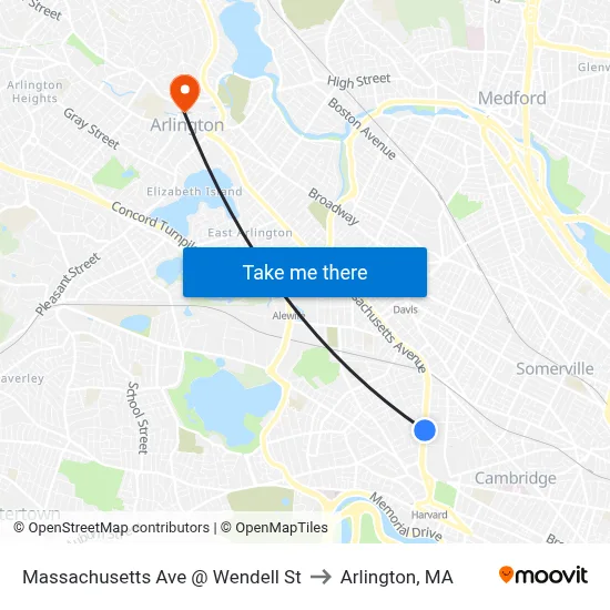 Massachusetts Ave @ Wendell St to Arlington, MA map