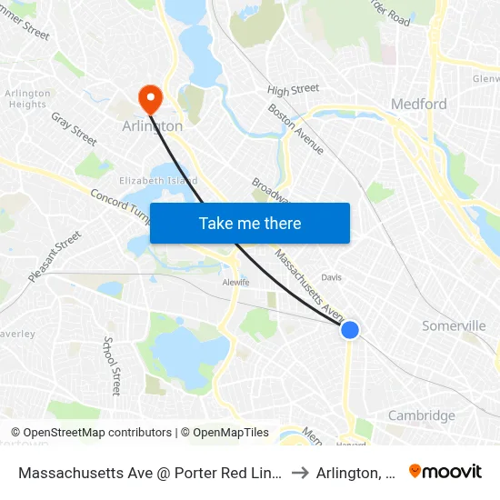 Massachusetts Ave @ Porter Red Line Sta to Arlington, MA map