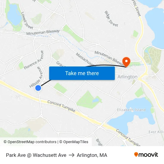 Park Ave @ Wachusett Ave to Arlington, MA map