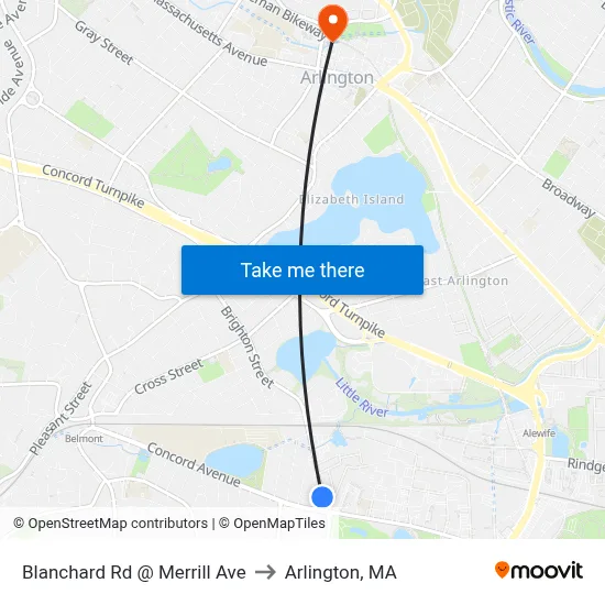 Blanchard Rd @ Merrill Ave to Arlington, MA map