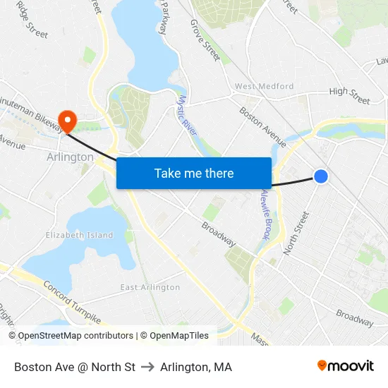 Boston Ave @ North St to Arlington, MA map