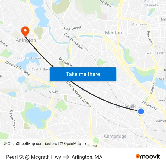 Pearl St @ Mcgrath Hwy to Arlington, MA map