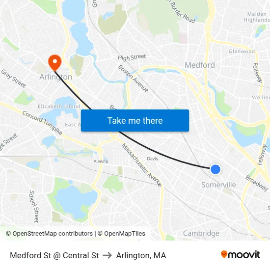 Medford St @ Central St to Arlington, MA map
