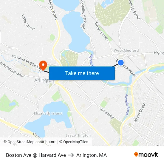 Boston Ave @ Harvard Ave to Arlington, MA map