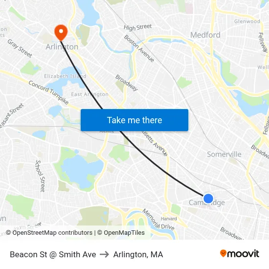 Beacon St @ Smith Ave to Arlington, MA map