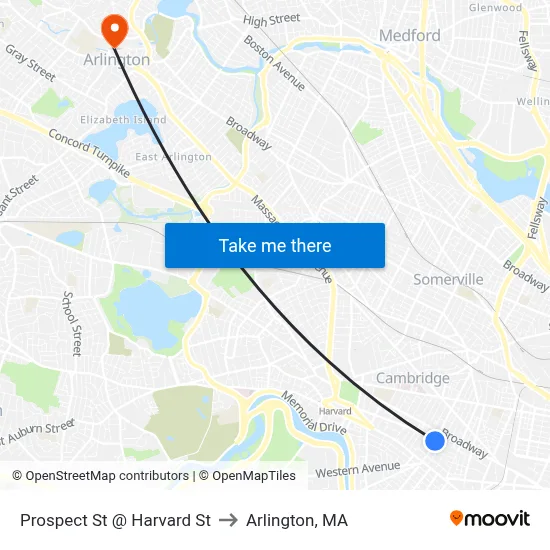 Prospect St @ Harvard St to Arlington, MA map