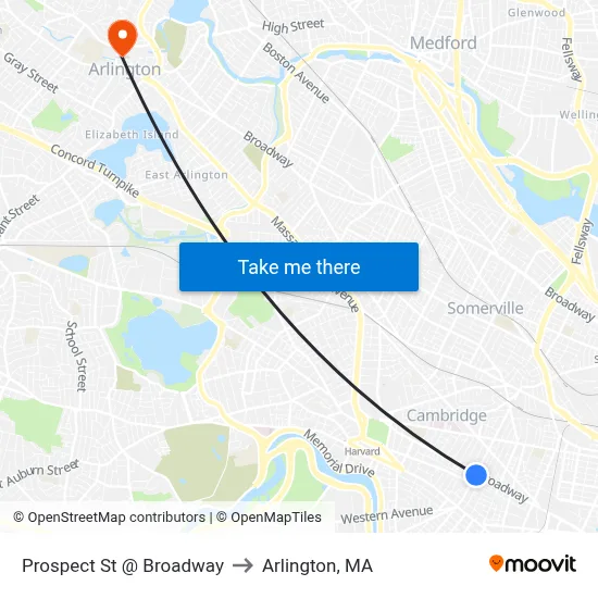 Prospect St @ Broadway to Arlington, MA map