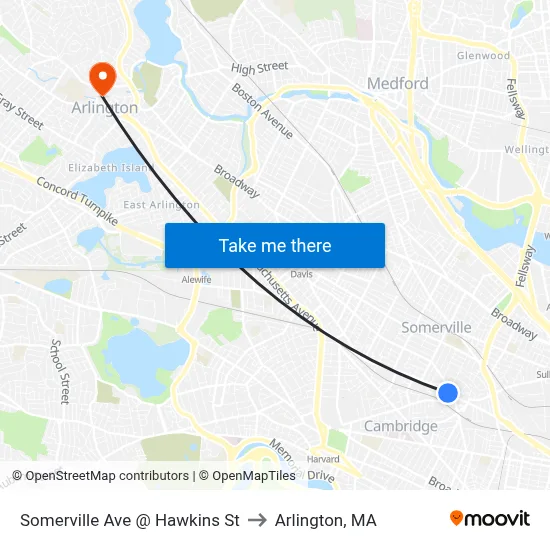 Somerville Ave @ Hawkins St to Arlington, MA map