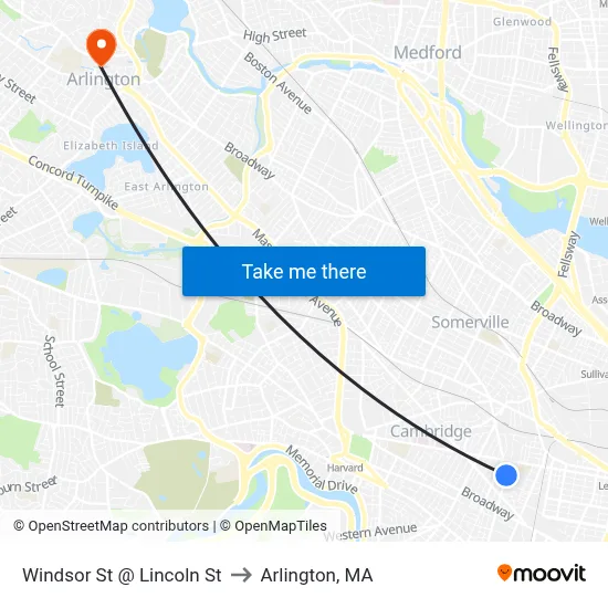 Windsor St @ Lincoln St to Arlington, MA map