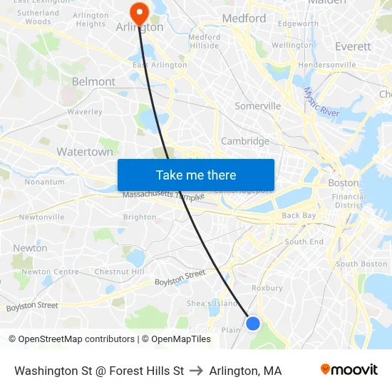 Washington St @ Forest Hills St to Arlington, MA map