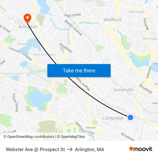 Webster Ave @ Prospect St to Arlington, MA map