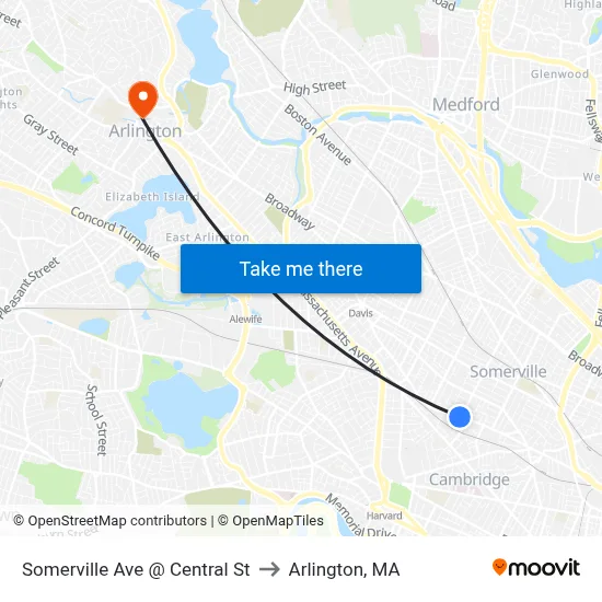 Somerville Ave @ Central St to Arlington, MA map