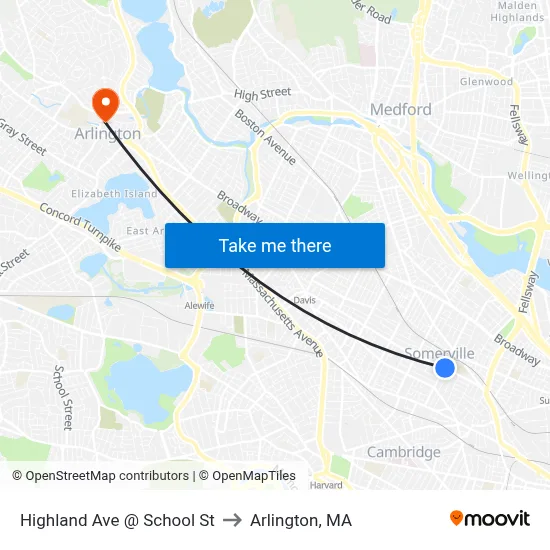 Highland Ave @ School St to Arlington, MA map