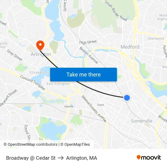 Broadway @ Cedar St to Arlington, MA map