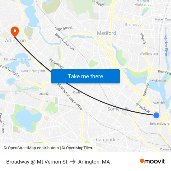 Broadway @ Mt Vernon St to Arlington, MA map