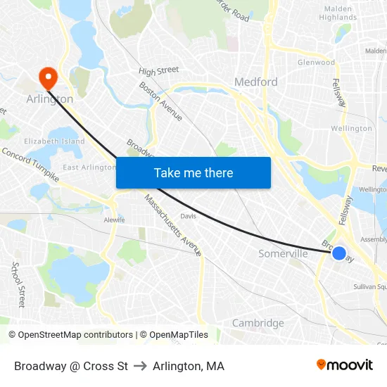 Broadway @ Cross St to Arlington, MA map