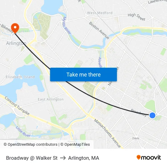 Broadway @ Walker St to Arlington, MA map