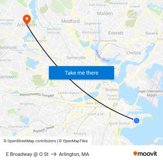 E Broadway @ O St to Arlington, MA map