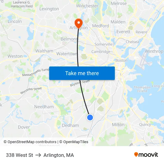 338 West St to Arlington, MA map