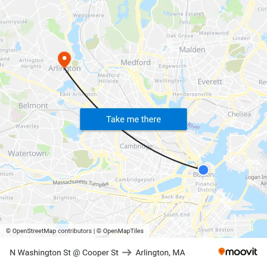 N Washington St @ Cooper St to Arlington, MA map
