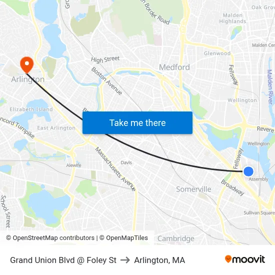 Grand Union Blvd @ Foley St to Arlington, MA map