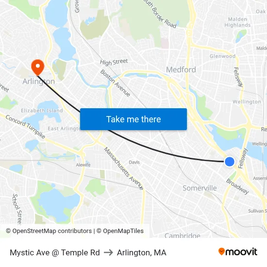 Mystic Ave @ Temple Rd to Arlington, MA map