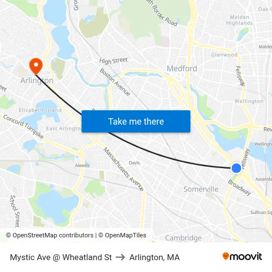 Mystic Ave @ Wheatland St to Arlington, MA map