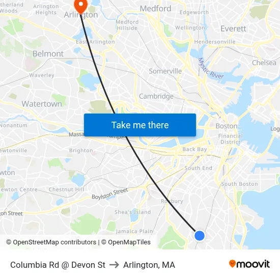 Columbia Rd @ Devon St to Arlington, MA map