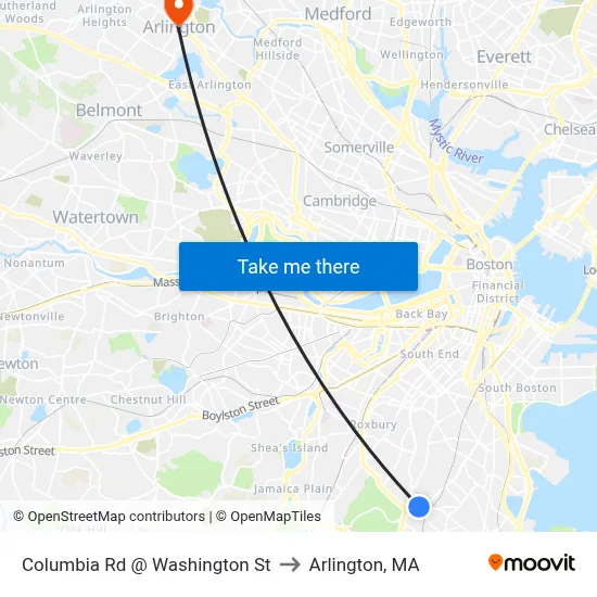 Columbia Rd @ Washington St to Arlington, MA map
