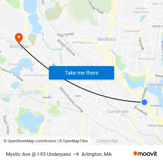 Mystic Ave @ I-93 Underpass to Arlington, MA map