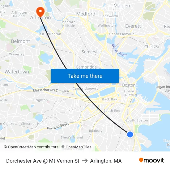 Dorchester Ave @ Mt Vernon St to Arlington, MA map