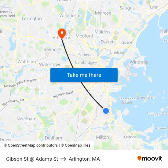Gibson St @ Adams St to Arlington, MA map