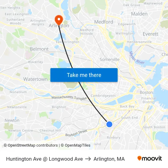 Huntington Ave @ Longwood Ave to Arlington, MA map