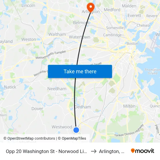 Opp 20 Washington St - Norwood Line to Arlington, MA map