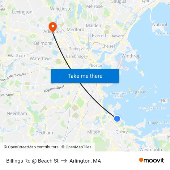 Billings Rd @ Beach St to Arlington, MA map