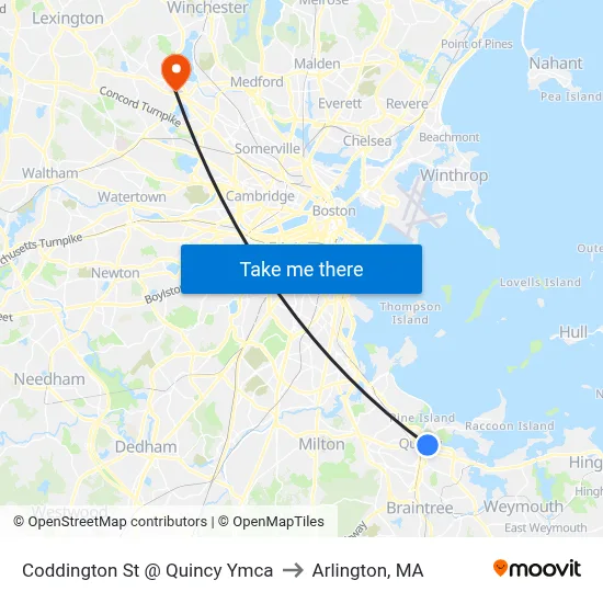Coddington St @ Quincy Ymca to Arlington, MA map