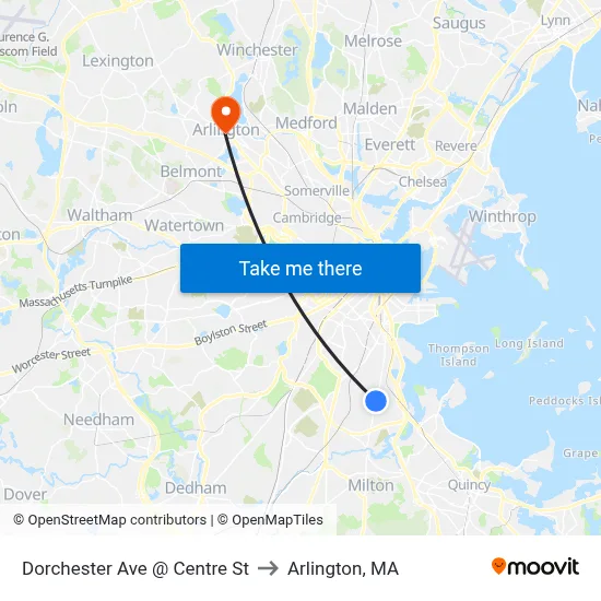 Dorchester Ave @ Centre St to Arlington, MA map