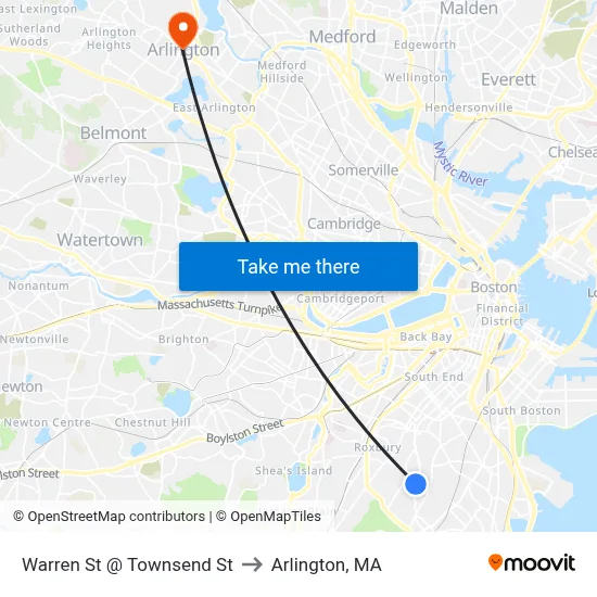 Warren St @ Townsend St to Arlington, MA map