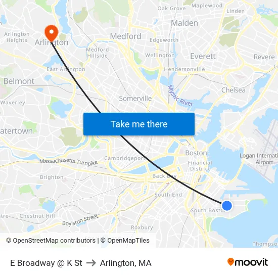 E Broadway @ K St to Arlington, MA map