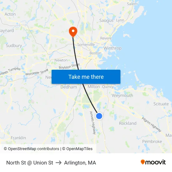North St @ Union St to Arlington, MA map