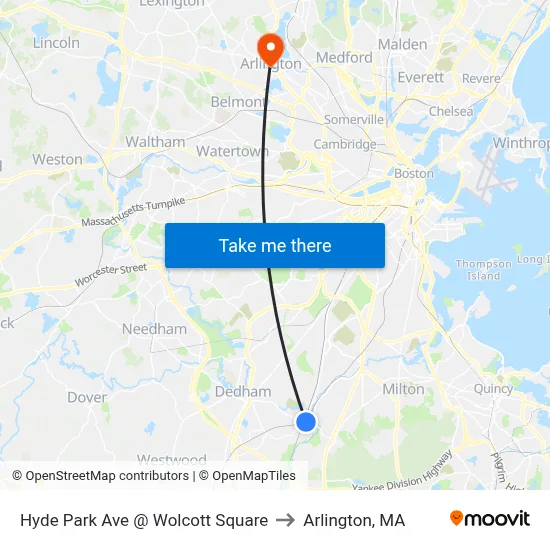 Hyde Park Ave @ Wolcott Square to Arlington, MA map