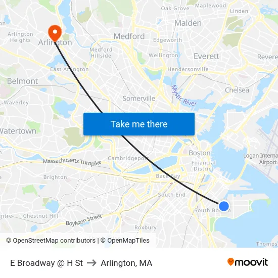 E Broadway @ H St to Arlington, MA map