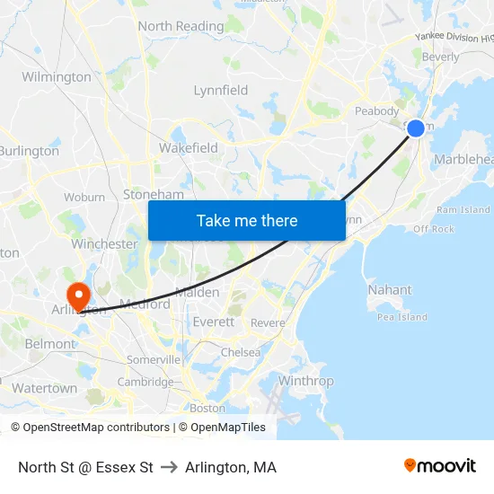 North St @ Essex St to Arlington, MA map