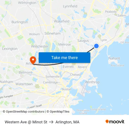 Western Ave @ Minot St to Arlington, MA map