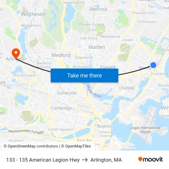 133 - 135 American Legion Hwy to Arlington, MA map