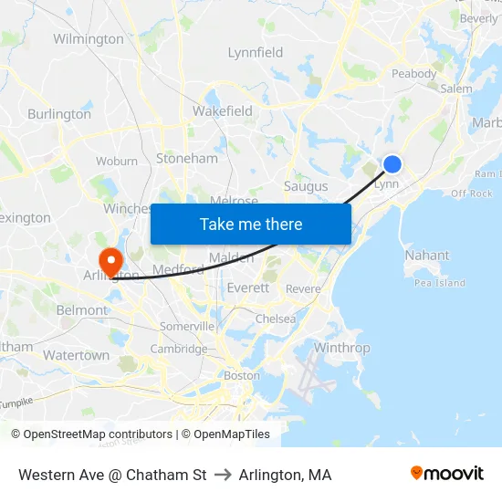 Western Ave @ Chatham St to Arlington, MA map