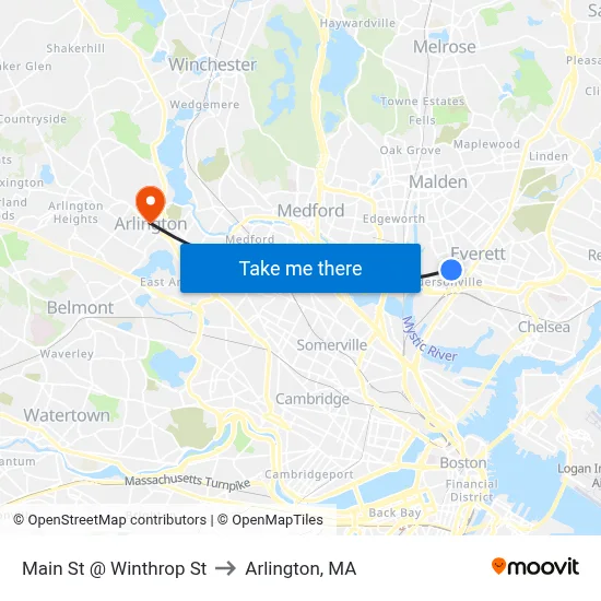 Main St @ Winthrop St to Arlington, MA map
