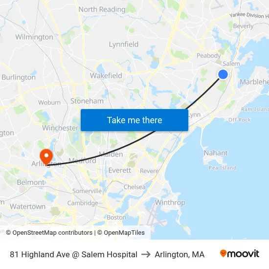81 Highland Ave @ Salem Hospital to Arlington, MA map